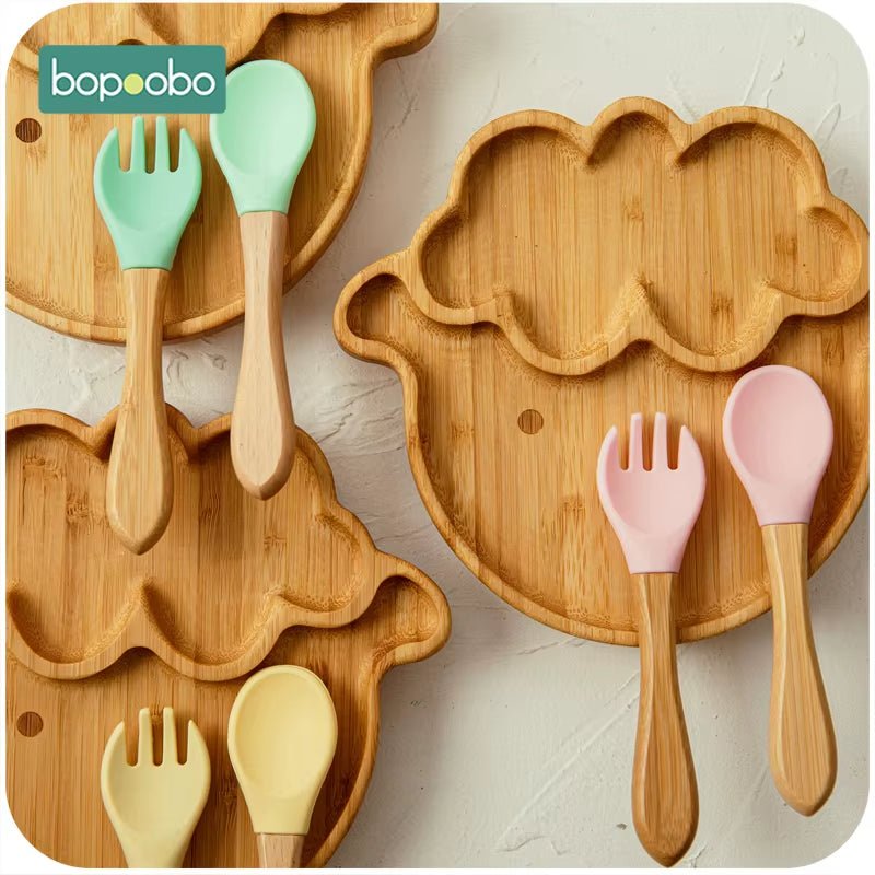 Baby Feeding Bowl Baby Dinner Plate Cartoon Sheep Bamboo Kids Feeding Dinnerware with Silicone Suction Cup Wooden Fork Spoo - FLUFFI