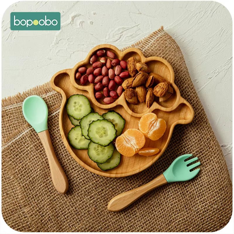 Baby Feeding Bowl Baby Dinner Plate Cartoon Sheep Bamboo Kids Feeding Dinnerware with Silicone Suction Cup Wooden Fork Spoo - FLUFFI