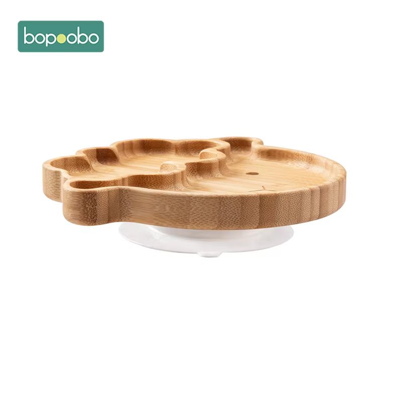 Baby Feeding Bowl Baby Dinner Plate Cartoon Sheep Bamboo Kids Feeding Dinnerware with Silicone Suction Cup Wooden Fork Spoo - FLUFFI