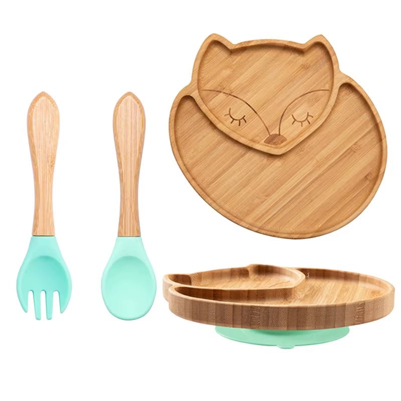 Baby Feeding Bowl Baby Dinner Plate Cartoon Sheep Bamboo Kids Feeding Dinnerware with Silicone Suction Cup Wooden Fork Spoo - FLUFFI