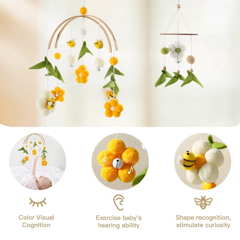 Baby Rattle Toys 0 - 12Months Newborn Wooden Crib Mobile Bee Toy Music Box Bed Bell Hanging Toy Holder Bracket Bed Bell Baby Gifts - FLUFFI