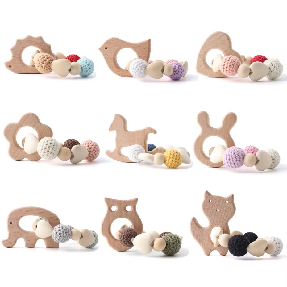 Baby Rattles Beech Wooden Animal Teether Bracelet Toys for Newborns Baby Montessori Gym Toys Wooden Peandant - FLUFFI