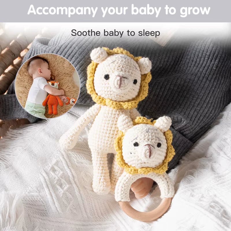 Baby Rattles Crochet Stuffed Bunny Doll Rattle Toy Wood Ring Baby Teether Rodent Baby Gym Mobile Newborn Educational Toy - FLUFFI