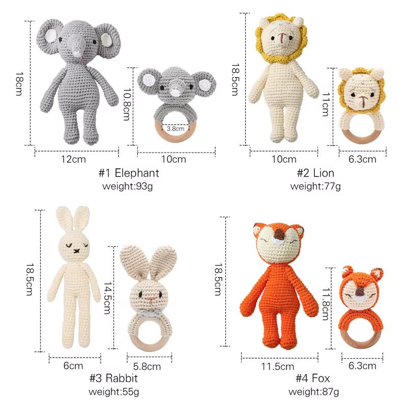 Baby Rattles Crochet Stuffed Bunny Doll Rattle Toy Wood Ring Baby Teether Rodent Baby Gym Mobile Newborn Educational Toy - FLUFFI