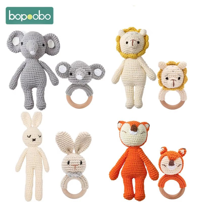 Baby Rattles Crochet Stuffed Bunny Doll Rattle Toy Wood Ring Baby Teether Rodent Baby Gym Mobile Newborn Educational Toy - FLUFFI