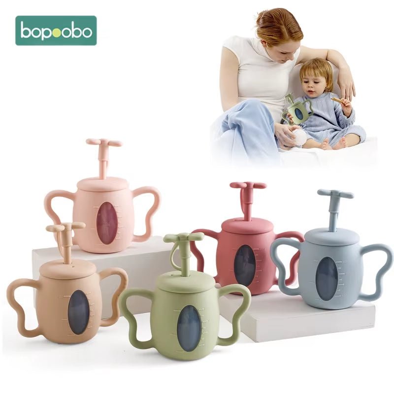 Baby Silicone Bow Lid Feeding Cup with Handle Sippy BPA Free Toddlers Learning Drinkware Children Soft Straw Cup Tableware - FLUFFI