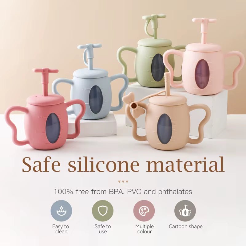 Baby Silicone Bow Lid Feeding Cup with Handle Sippy BPA Free Toddlers Learning Drinkware Children Soft Straw Cup Tableware - FLUFFI