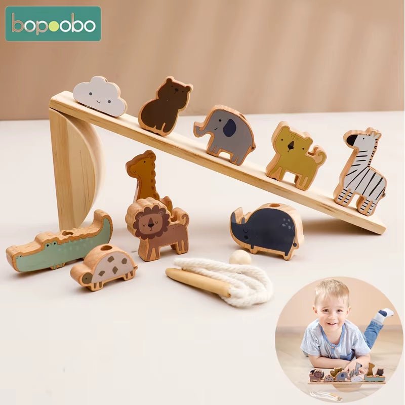 Baby Threading Seesaw Toys Wooden Animal Stacking Toys Blocks Game Montessori Hands - On Balance Ability Educational Children Gift - FLUFFI