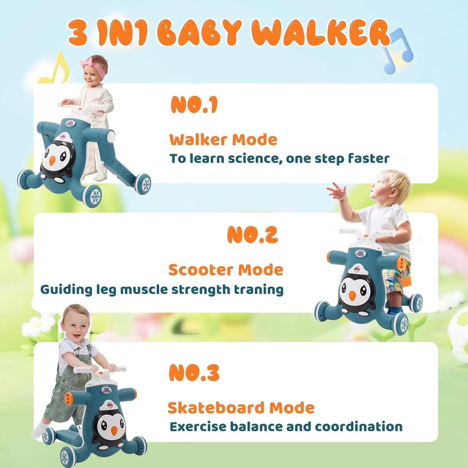 Baby Walker First Step 3 in 1 Sit - To - Stand Learning Walker Multifunctional Baby Push along Walker Kids Activity Center - FLUFFI