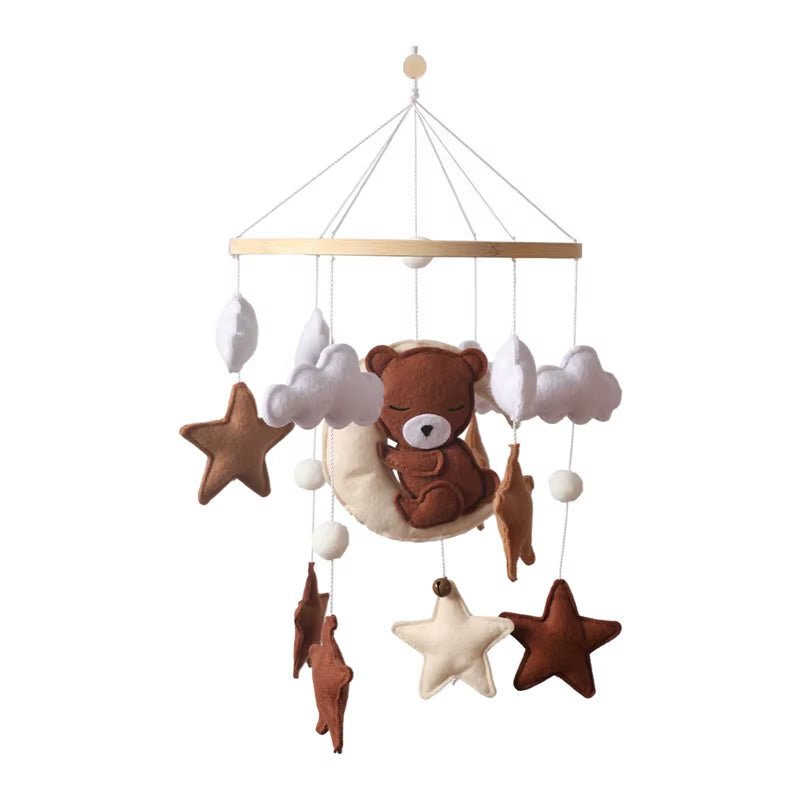 Baby Wooden Cartoon Marine Animal Felt Bed Bell Rattle Set Newborn for Baby Crib Bed Wood Mobile Carousel Cot Musical Toy Gift - FLUFFI