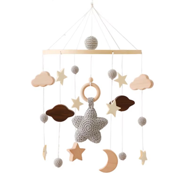 Baby Wooden Cartoon Marine Animal Felt Bed Bell Rattle Set Newborn for Baby Crib Bed Wood Mobile Carousel Cot Musical Toy Gift - FLUFFI