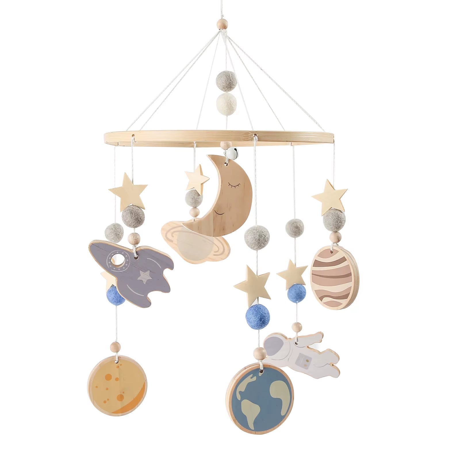 Baby Wooden Cartoon Marine Animal Felt Bed Bell Rattle Set Newborn for Baby Crib Bed Wood Mobile Carousel Cot Musical Toy Gift - FLUFFI