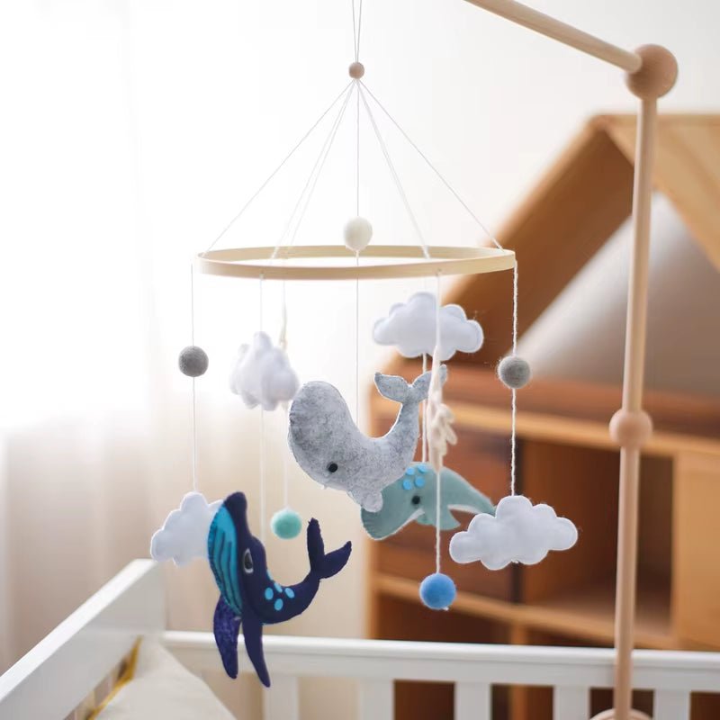 Baby Wooden Cartoon Marine Animal Felt Bed Bell Rattle Set Newborn for Baby Crib Bed Wood Mobile Carousel Cot Musical Toy Gift - FLUFFI