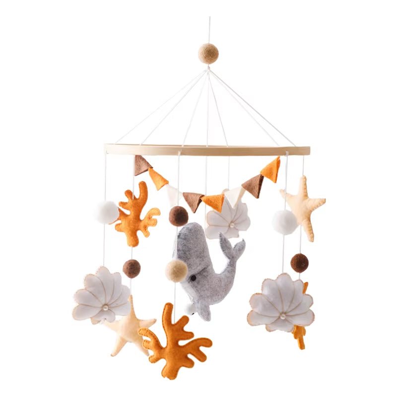 Baby Wooden Cartoon Marine Animal Felt Bed Bell Rattle Set Newborn for Baby Crib Bed Wood Mobile Carousel Cot Musical Toy Gift - FLUFFI