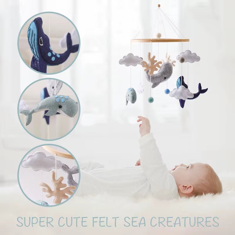 Baby Wooden Cartoon Marine Animal Felt Bed Bell Rattle Set Newborn for Baby Crib Bed Wood Mobile Carousel Cot Musical Toy Gift - FLUFFI