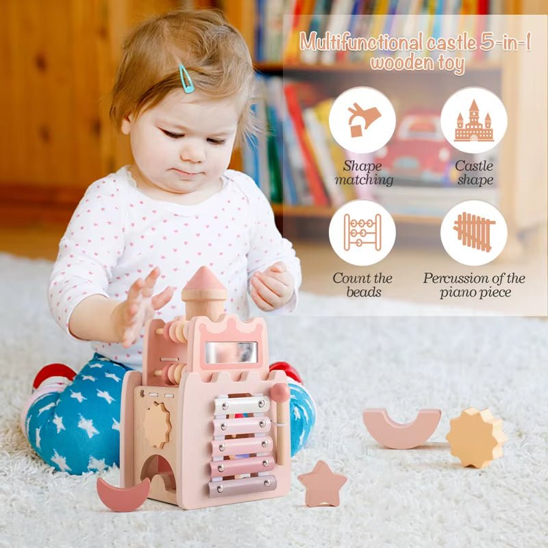 Baby Wooden Montessori Toys Castle 5 in 1 Building Stacking Blocks Puzzle Game Baby Wooden Early Education Toys Children Gift - FLUFFI