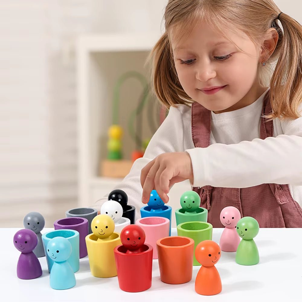 Balls in Cups Montessori Wooden Color Sorter Game Toys Preschool Learning Education Toy for Toddler Sorting Matching Counting - FLUFFI