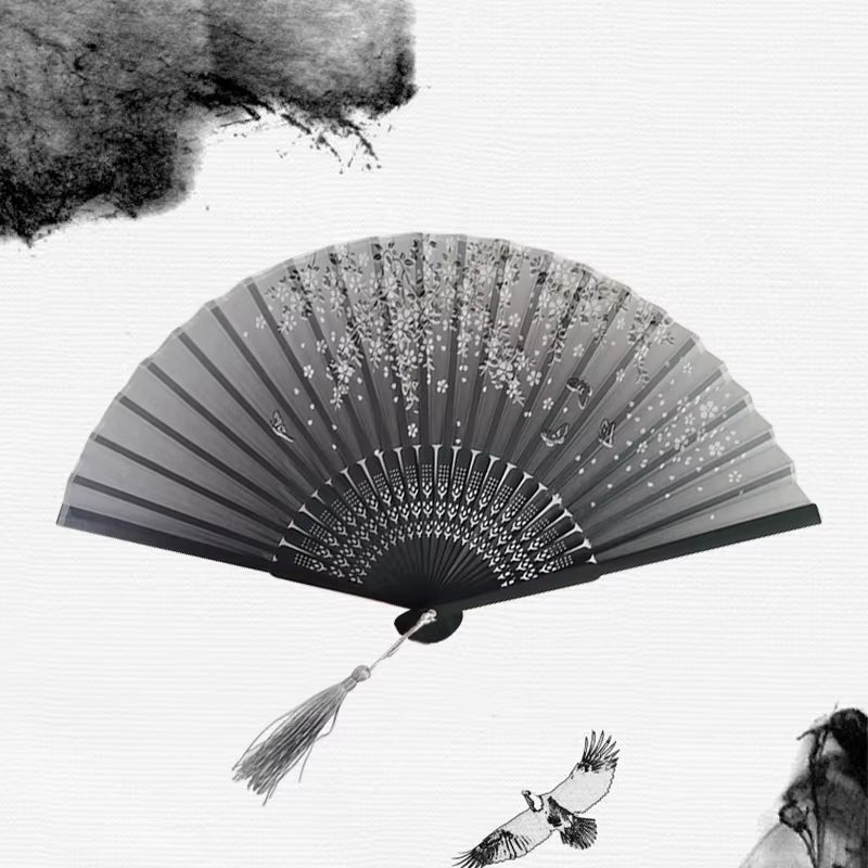 Bamboo Folding Fan Silk Chinese Style Fan Hand Women Black Fan Summer Female Dance Home Decoration Party Gift Home Ornament Fan - FLUFFI