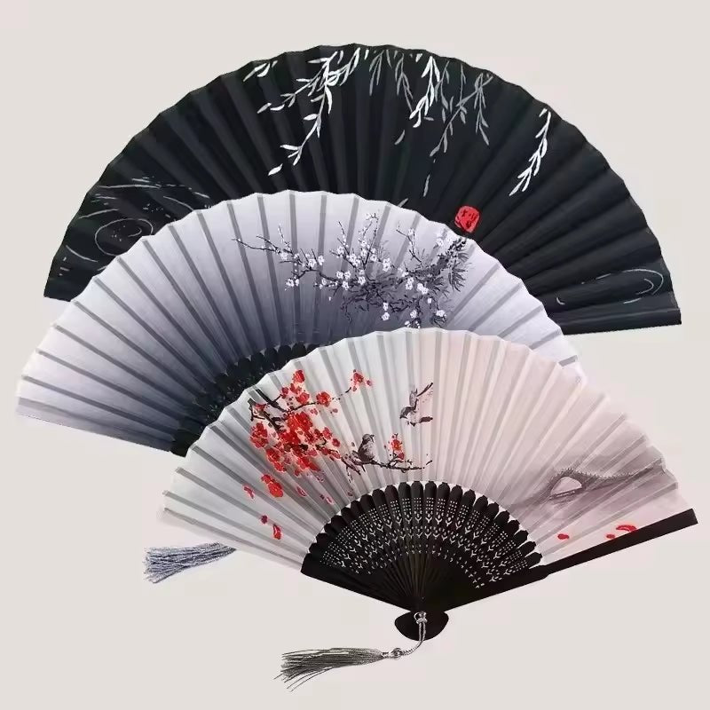 Bamboo Folding Fan Silk Chinese Style Fan Hand Women Black Fan Summer Female Dance Home Decoration Party Gift Home Ornament Fan - FLUFFI