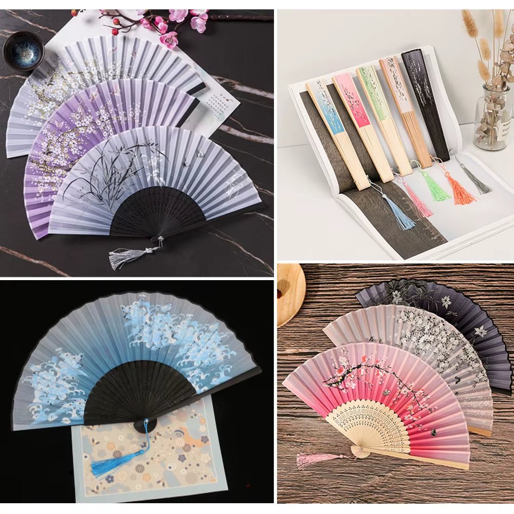 Bamboo Folding Fan Silk Chinese Style Fan Hand Women Black Fan Summer Female Dance Home Decoration Party Gift Home Ornament Fan - FLUFFI