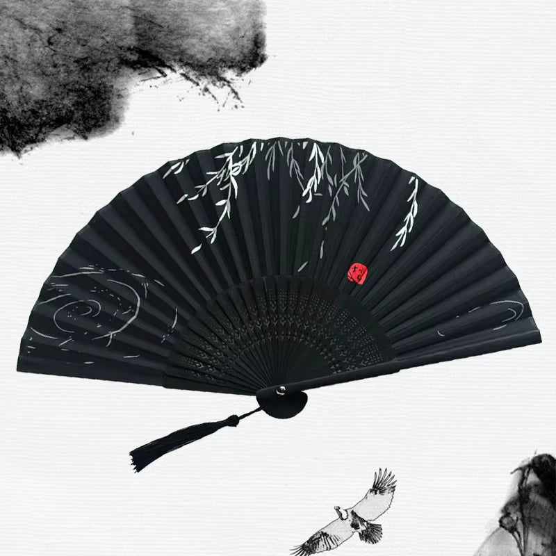 Bamboo Folding Fan Silk Chinese Style Fan Hand Women Black Fan Summer Female Dance Home Decoration Party Gift Home Ornament Fan - FLUFFI