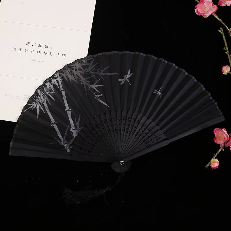 Bamboo Folding Fan Silk Chinese Style Fan Hand Women Black Fan Summer Female Dance Home Decoration Party Gift Home Ornament Fan - FLUFFI