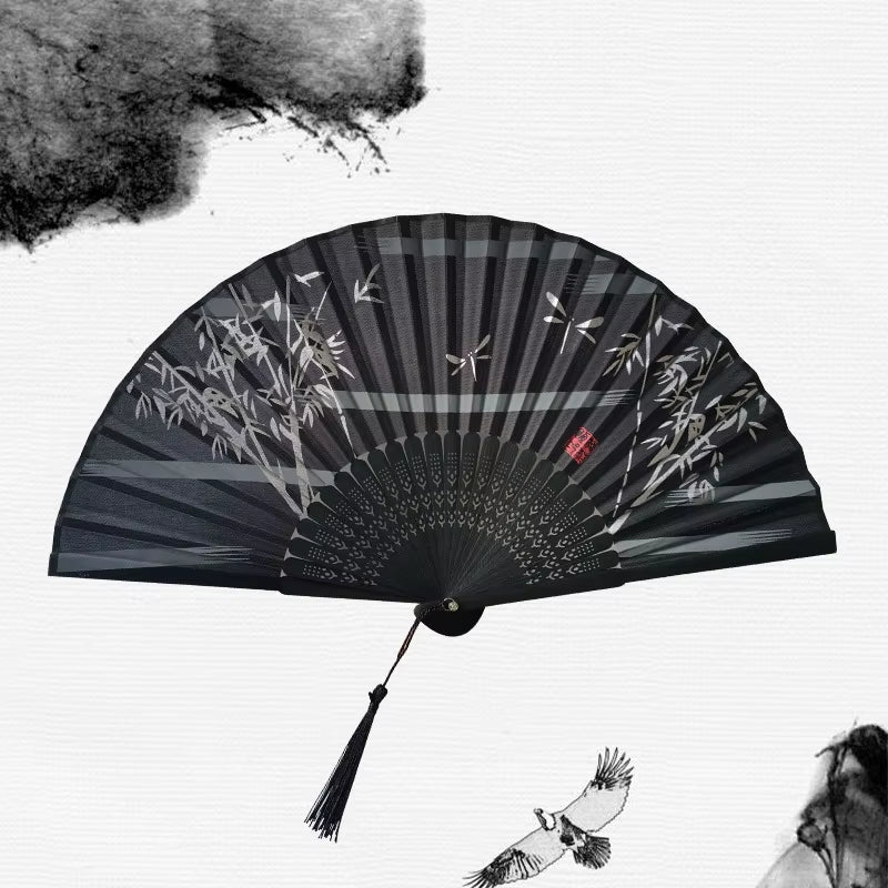 Bamboo Folding Fan Silk Chinese Style Fan Hand Women Black Fan Summer Female Dance Home Decoration Party Gift Home Ornament Fan - FLUFFI