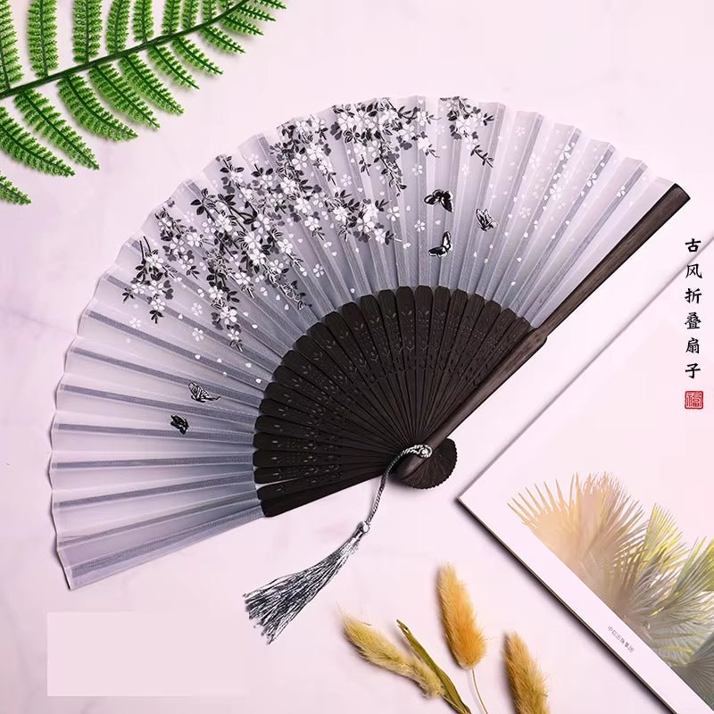 Bamboo Folding Fan Silk Chinese Style Fan Hand Women Black Fan Summer Female Dance Home Decoration Party Gift Home Ornament Fan - FLUFFI