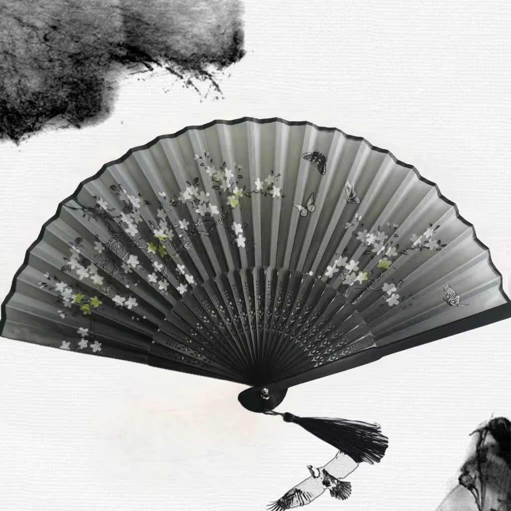 Bamboo Folding Fan Silk Chinese Style Fan Hand Women Black Fan Summer Female Dance Home Decoration Party Gift Home Ornament Fan - FLUFFI