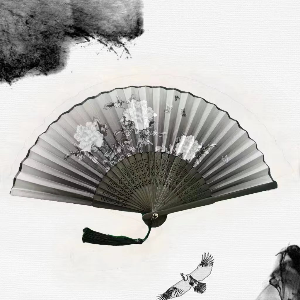 Bamboo Folding Fan Silk Chinese Style Fan Hand Women Black Fan Summer Female Dance Home Decoration Party Gift Home Ornament Fan - FLUFFI