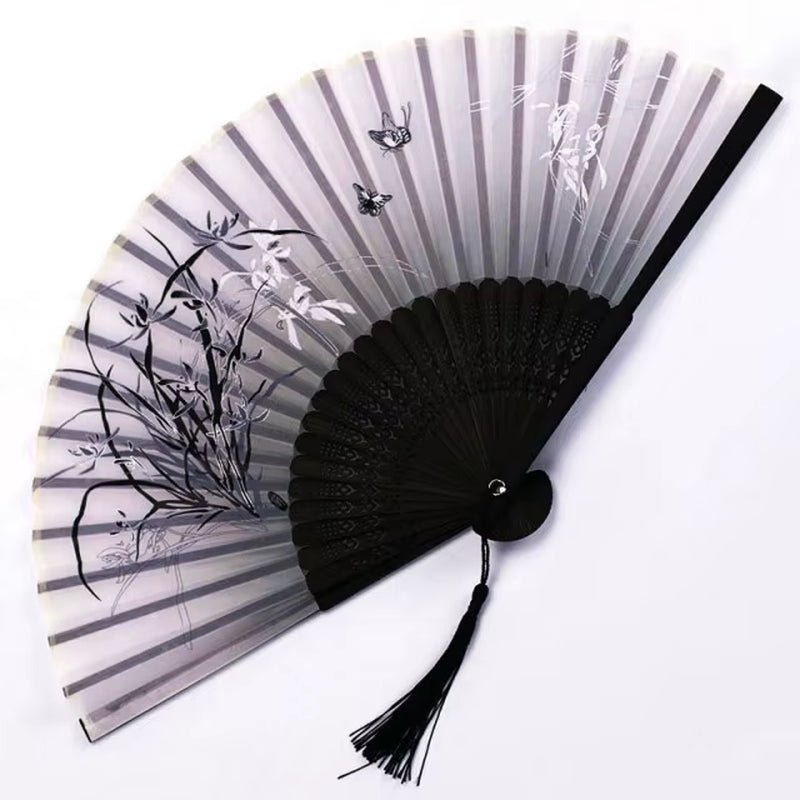Bamboo Folding Fan Silk Chinese Style Fan Hand Women Black Fan Summer Female Dance Home Decoration Party Gift Home Ornament Fan - FLUFFI
