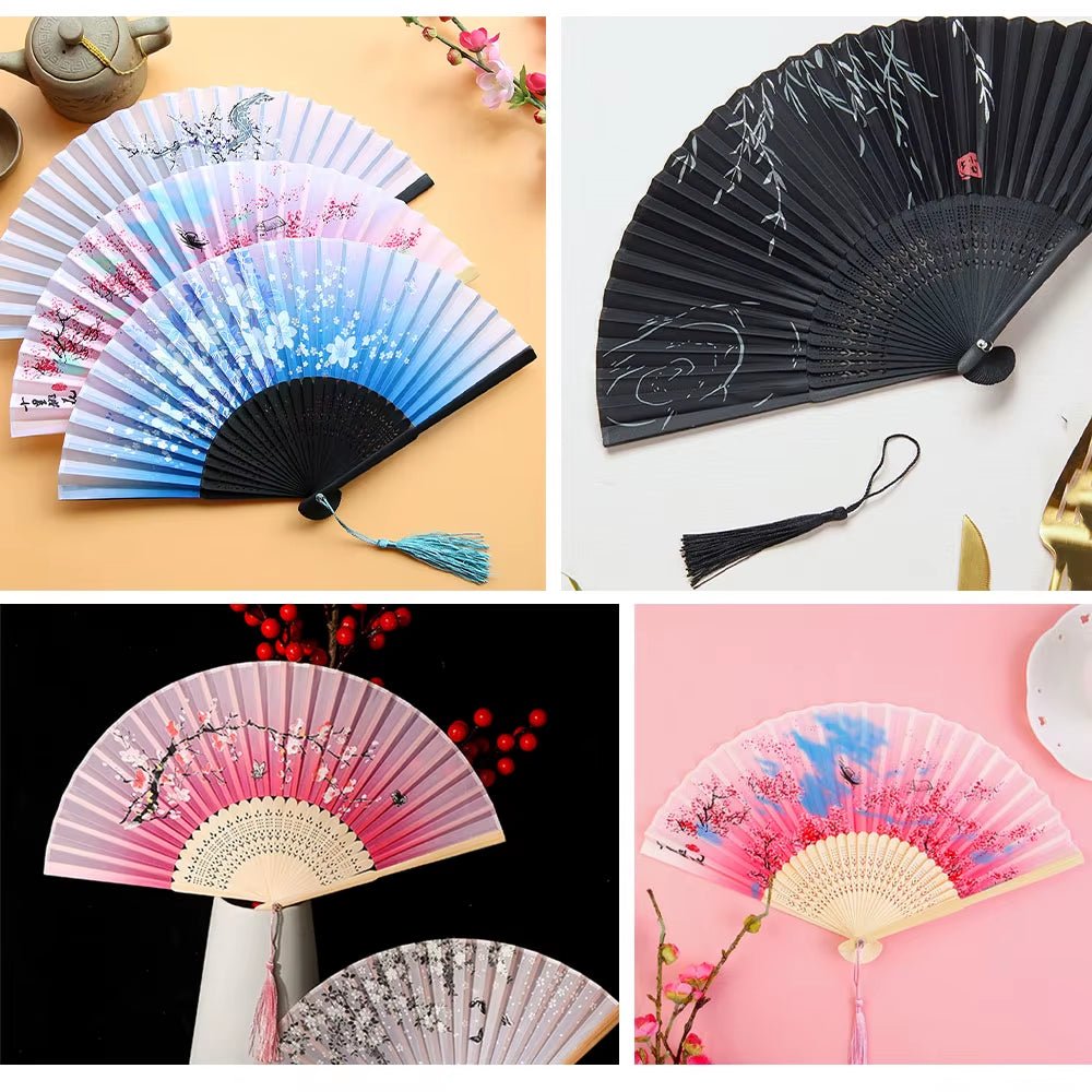 Bamboo Folding Fan Silk Chinese Style Fan Hand Women Black Fan Summer Female Dance Home Decoration Party Gift Home Ornament Fan - FLUFFI