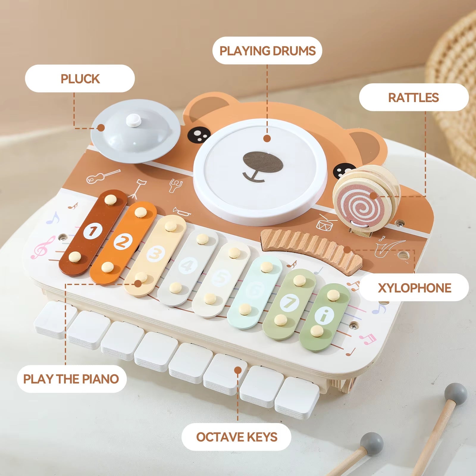 Bear Piano Xylophone - Baby Musical Instrument - Fine Finger Movement - FLUFFI