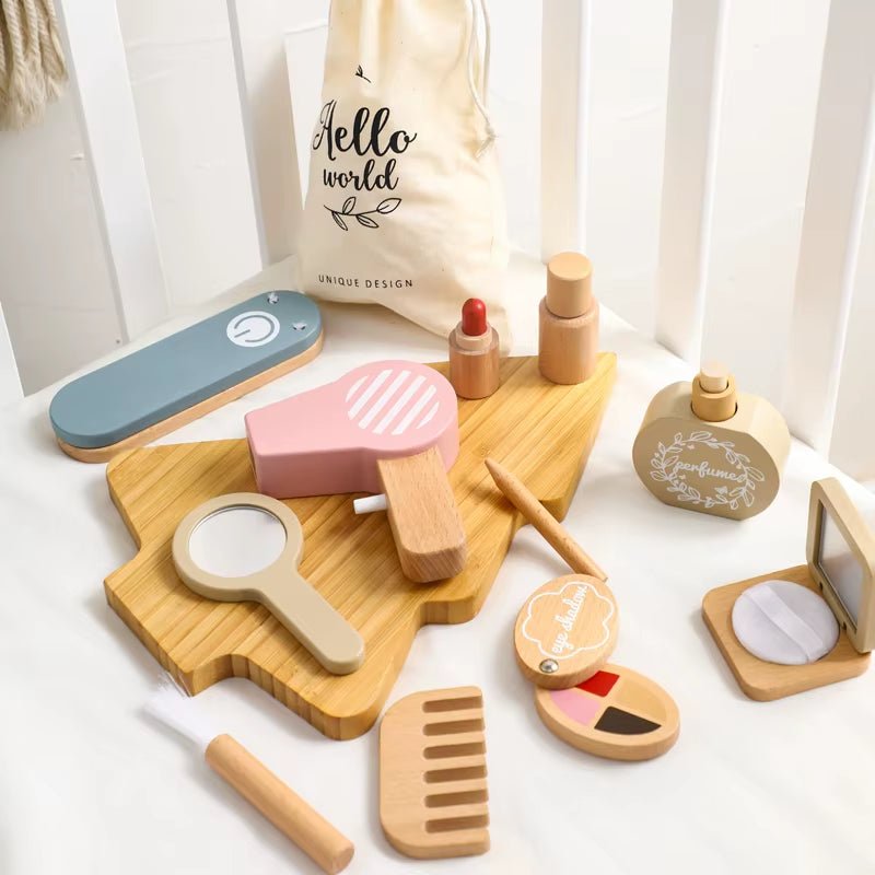 Children Montessori Makeup Toys Wooden Girls Makeup Set Play House Props Educational Toys Kids Dressing Cosmetic Set Toys Gifts - FLUFFI