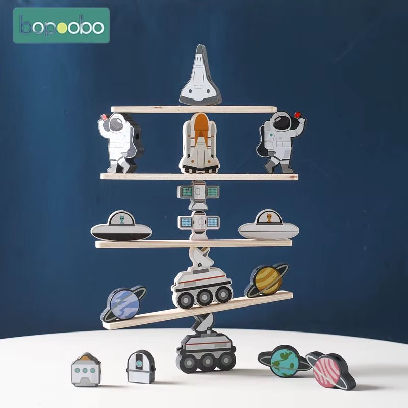 Children Montessori Toy Wooden Astronaut Balance Block Board Game Educational Balance Ability Stacking Building Block Constructo - FLUFFI