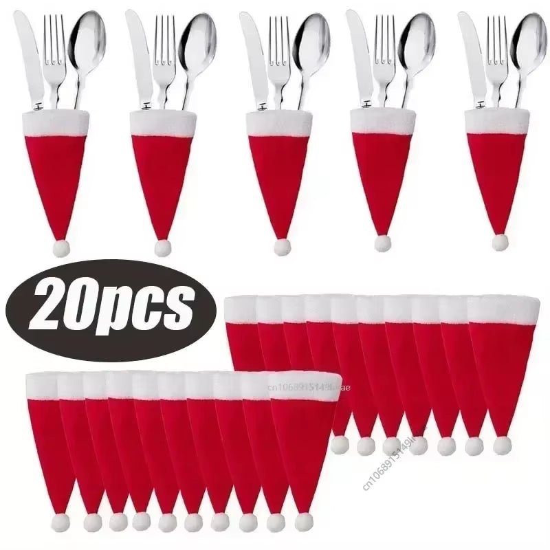 Christmas Decoration Tableware Holder Bag Christmas Hat Fork Knife Cutlery Bag Xmas Home Kitchen Decor Ornament Navidad New Year - FLUFFI