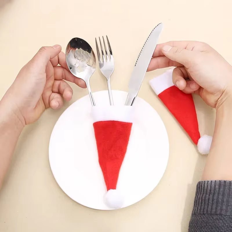 Christmas Decoration Tableware Holder Bag Christmas Hat Fork Knife Cutlery Bag Xmas Home Kitchen Decor Ornament Navidad New Year - FLUFFI