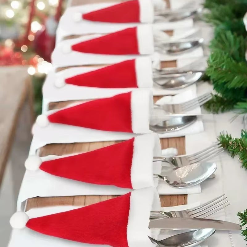 Christmas Decoration Tableware Holder Bag Christmas Hat Fork Knife Cutlery Bag Xmas Home Kitchen Decor Ornament Navidad New Year - FLUFFI