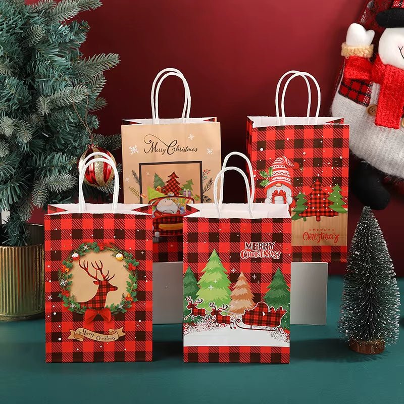 Christmas Kraft Kraft Paper Retro Grid Handheld Bag New Year Santa Claus Gifts Box Party Candy Cookie Packaging Handle Bag - FLUFFI