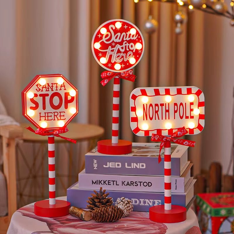 Christmas Retro Lamp LED Light Santa Stop Here Street Sign Xmas Wooden Desktop Decoration for Home Navidad New Year Kids Gift - FLUFFI