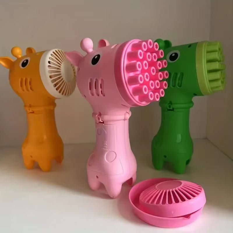 Cute Bubble Machine 2 In1 Giraffe Bubble Fan Toy Bubble Maker Outdoor Party Birthday Play 32 Holes Soap Bubble Machine - FLUFFI