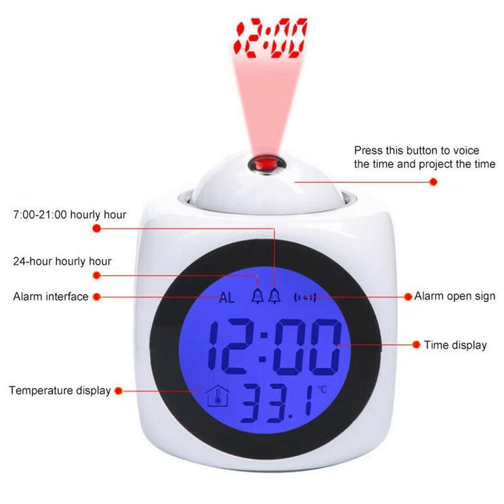 Digital Alarm Clock LCD Creative Projector Weather Temperature Desk Time Date Display Projection USB Charger Home Clock Timer - FLUFFI