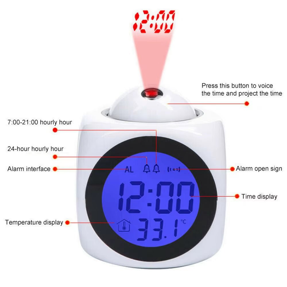 Digital Alarm Clock LCD Creative Projector Weather Temperature Desk Time Date Display Projection USB Charger Home Clock Timer - FLUFFI