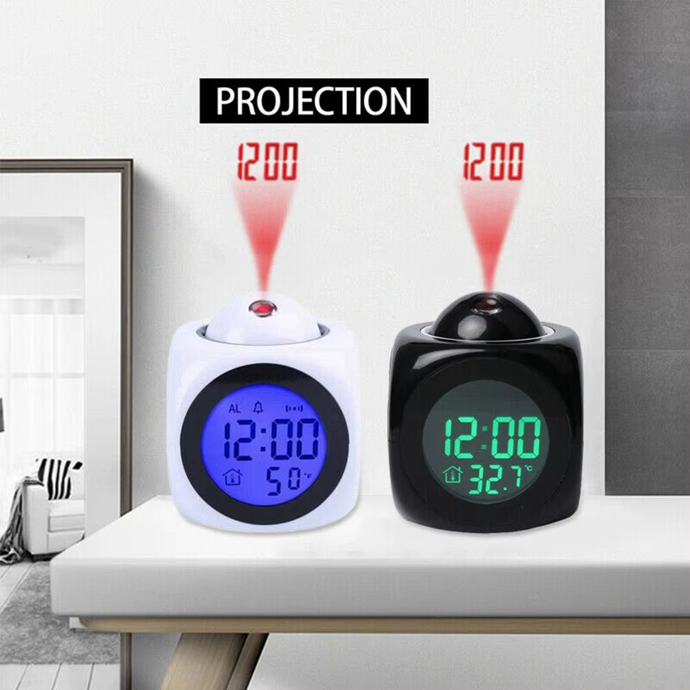Digital Alarm Clock LCD Creative Projector Weather Temperature Desk Time Date Display Projection USB Charger Home Clock Timer - FLUFFI