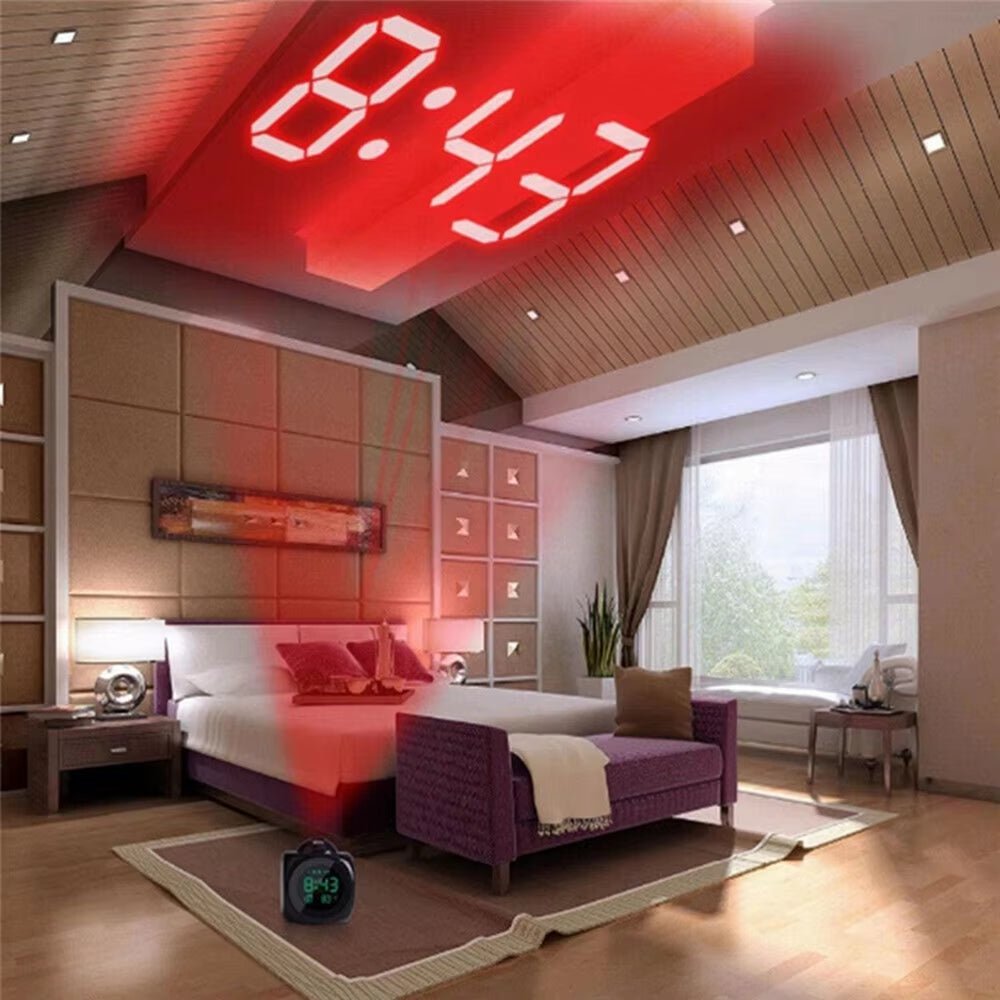 Digital Alarm Clock LCD Creative Projector Weather Temperature Desk Time Date Display Projection USB Charger Home Clock Timer - FLUFFI