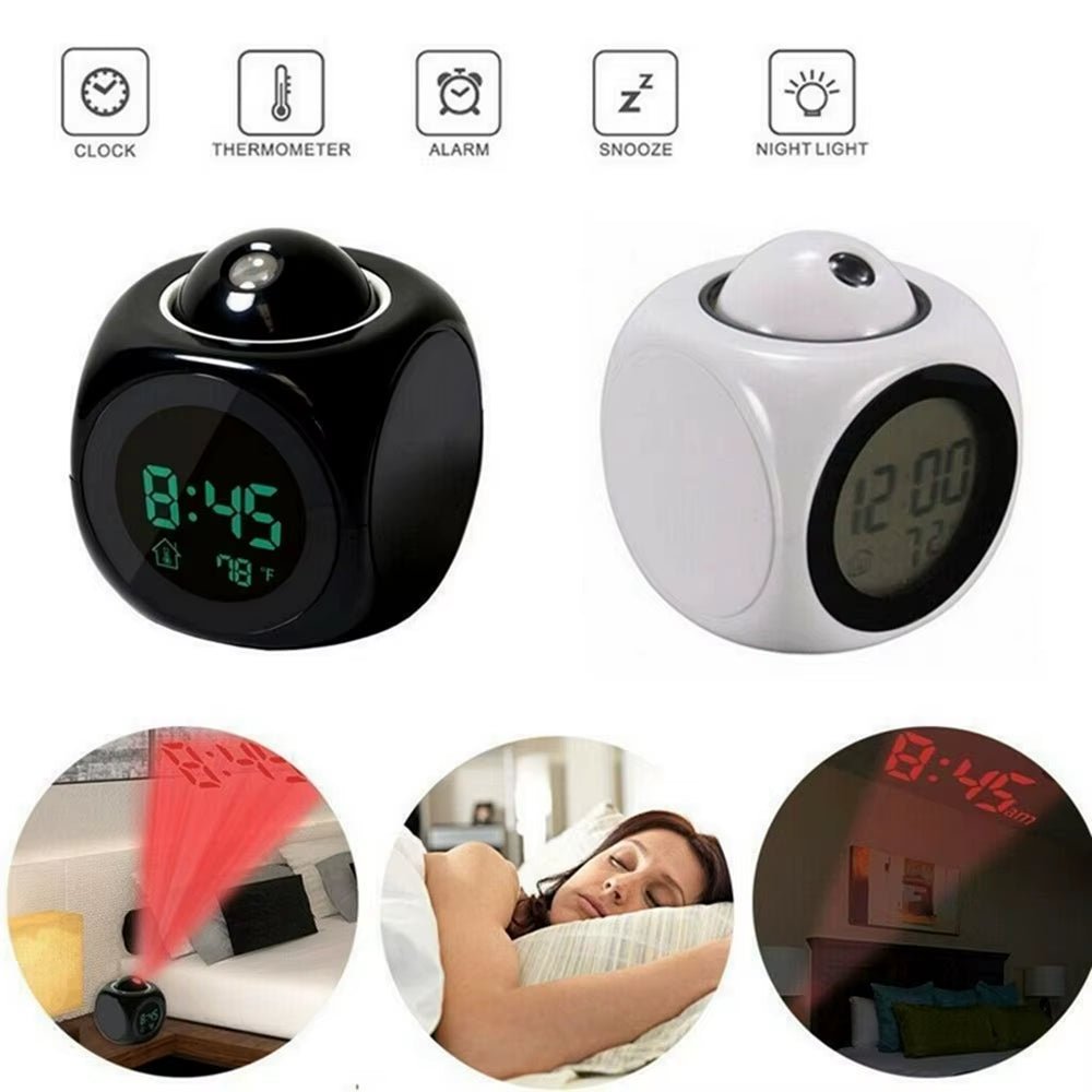 Digital Alarm Clock LCD Creative Projector Weather Temperature Desk Time Date Display Projection USB Charger Home Clock Timer - FLUFFI