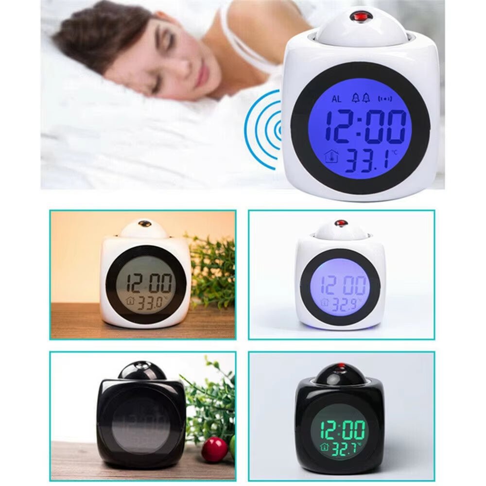 Digital Alarm Clock LCD Creative Projector Weather Temperature Desk Time Date Display Projection USB Charger Home Clock Timer - FLUFFI