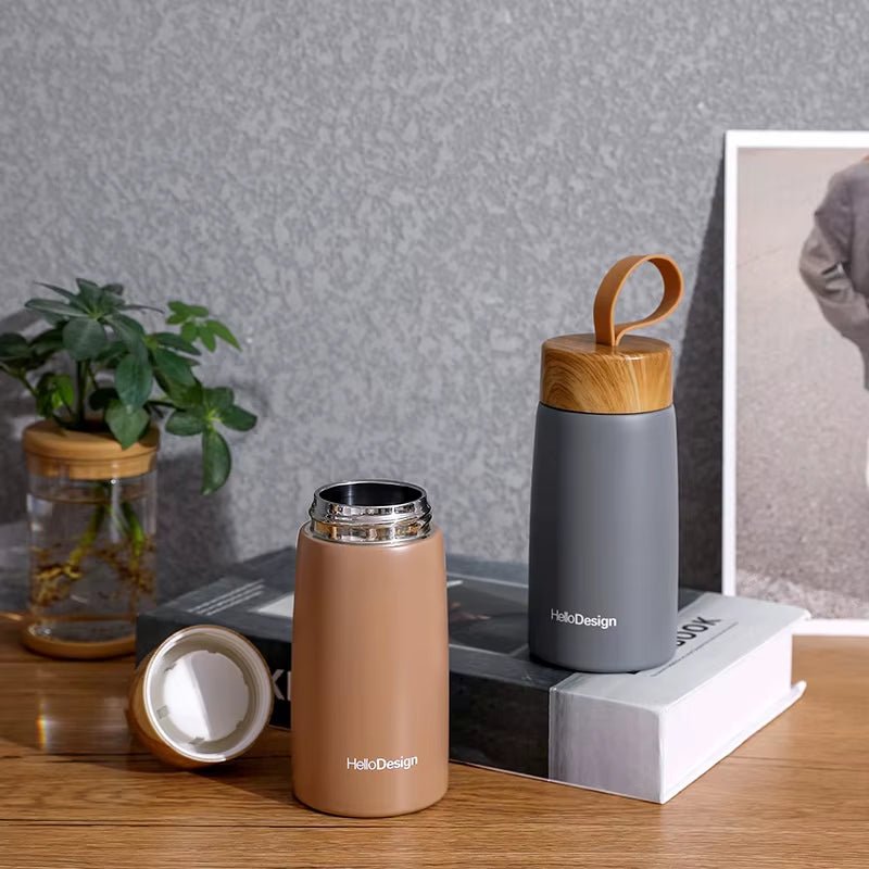Double Wall Insulated Thermos 304 Stainless Steel Vaccum Flask Outdoor Portable 280Ml Wood Water Cup Mini Vacuum Water Bottle - FLUFFI