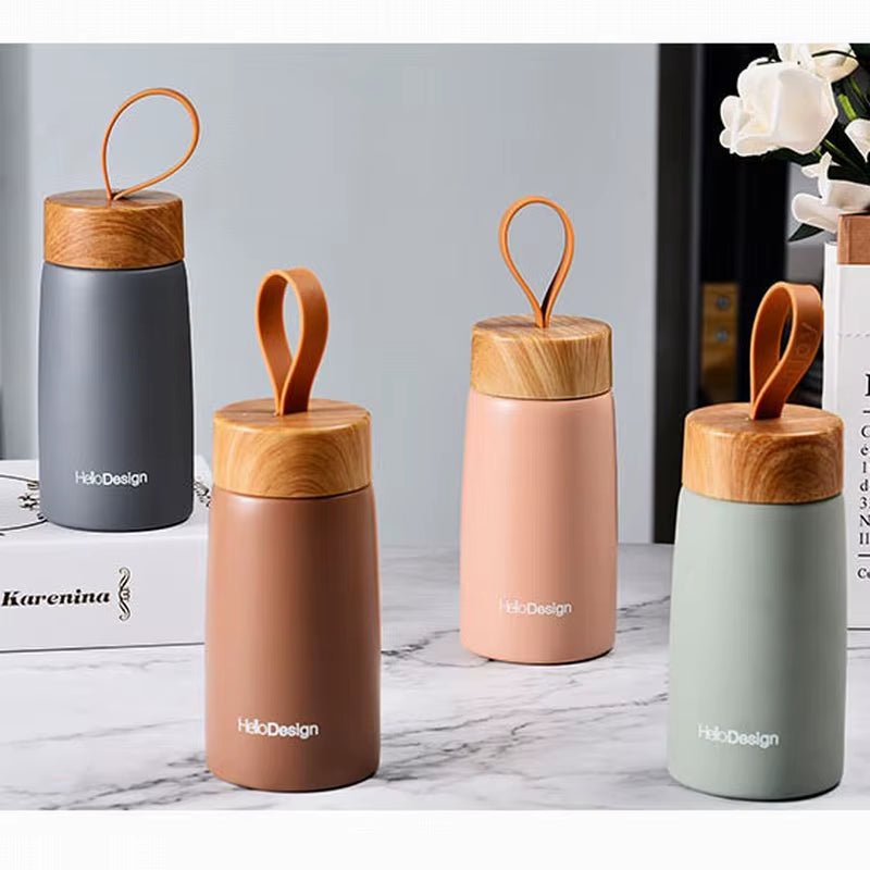 Double Wall Insulated Thermos 304 Stainless Steel Vaccum Flask Outdoor Portable 280Ml Wood Water Cup Mini Vacuum Water Bottle - FLUFFI