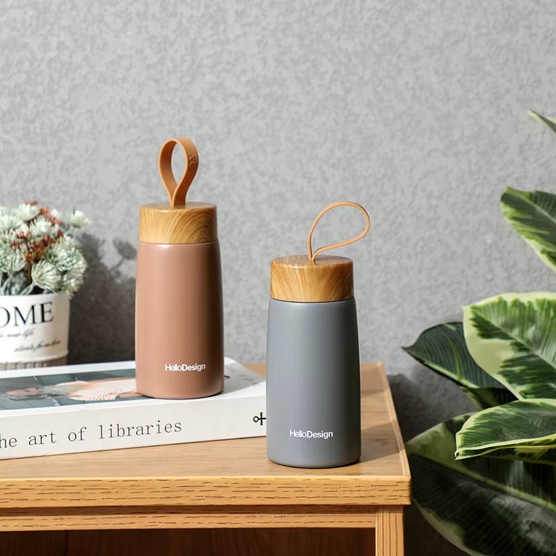 Double Wall Insulated Thermos 304 Stainless Steel Vaccum Flask Outdoor Portable 280Ml Wood Water Cup Mini Vacuum Water Bottle - FLUFFI